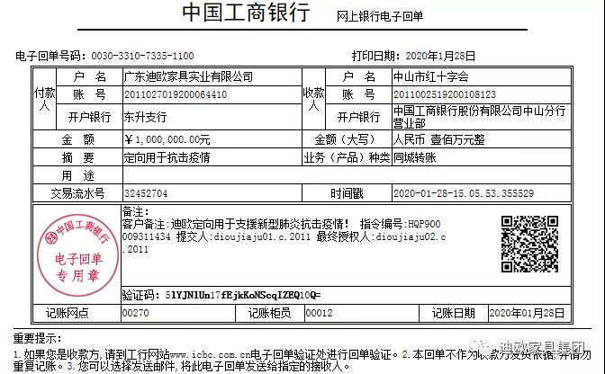 草莓视频污片家具集团通过中山市红十字会抗击疫情捐赠通道捐赠人民币100万元